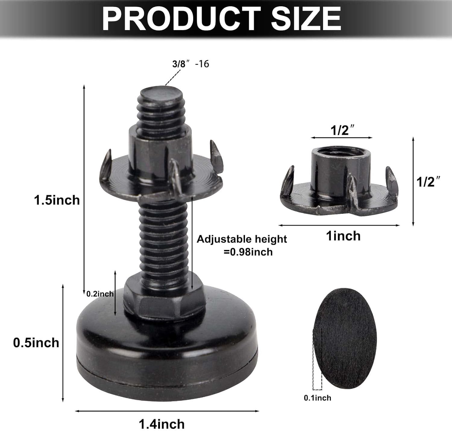 MoTrent 8 Pack Heavy Duty Furniture Levelers, Adjustable Furniture Legs Levelers, M10 T-Nut Kit, 3/8-16 Thread, Black, Steel, Round, Tables, Chairs, Cabinets, Sofas, Standard Size, 8 Pieces - Image 2