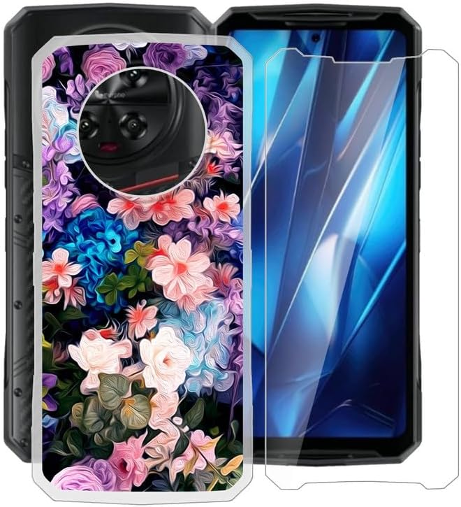Phone Case + Screen Protector for Doogee DK10 (6.67"), Ultra Thin Shockproof Soft Silicone Clear Cover for Doogee DK10 Case with Tempered Glass - Flower Wall