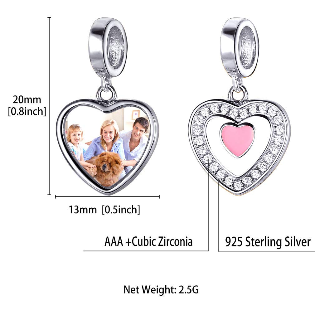 Custom4U Charme Coeur Personnalisable Charm Argent avec Photo Gravé Breloque pour Bracelet Bijoux Cadeau Personnalisé Maman Fille