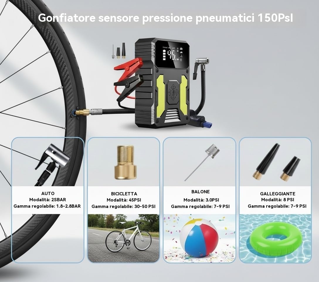 Avviatore portatile 3000A con compressore 150 PSI, 3 modalità LED, ricarica rapida, kit 4 in 1 e sicurezza avanzata, per auto, SUV, diesel fino a 8L, ideale per campeggio, viaggi ed estate