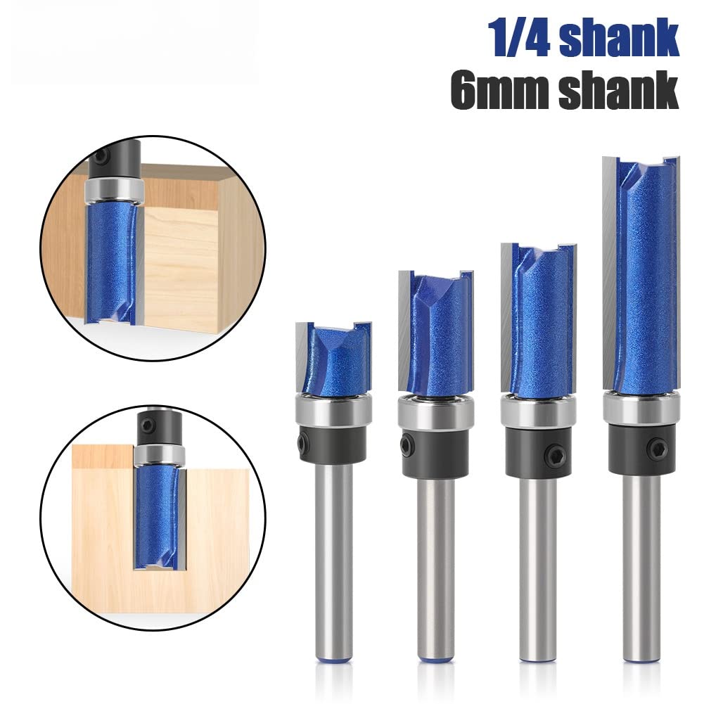 A-XINTONG 4PCS 1/4 Inch Shank Pattern Flush Trim Router Bits Set, Straight Router Bit with Bearing, Carbide Template Bottom Bearing Flush Trim Bit Set for Woodworking Milling Cutting Tool