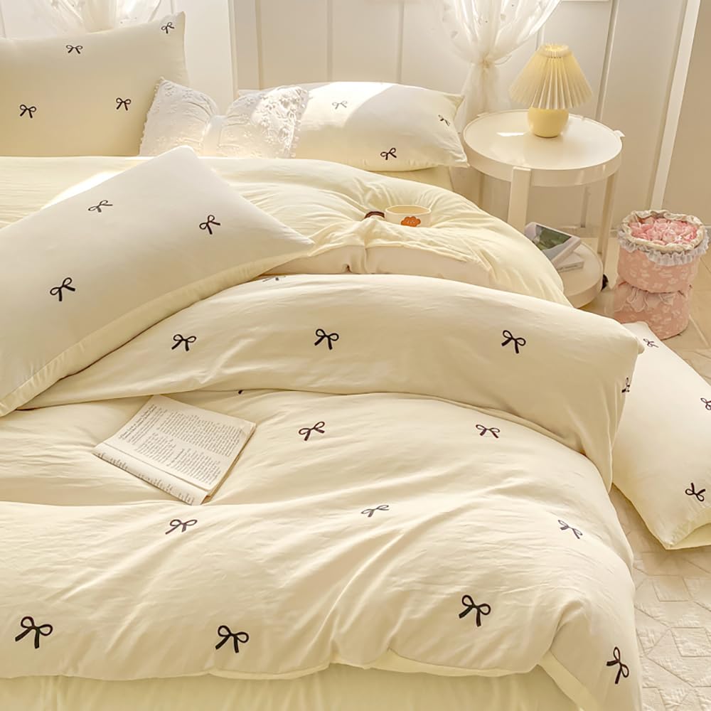 Covebett Bettwäsche 200x200 Weiß Creme mit Schwarz Schleifen Muster Aesthetic Bettbezug Set Kawaii Schleifenmuster Weich Renforcé Microfaser Deckenbezug und 2 Kissenbezug 80x80cm Reißverschluss