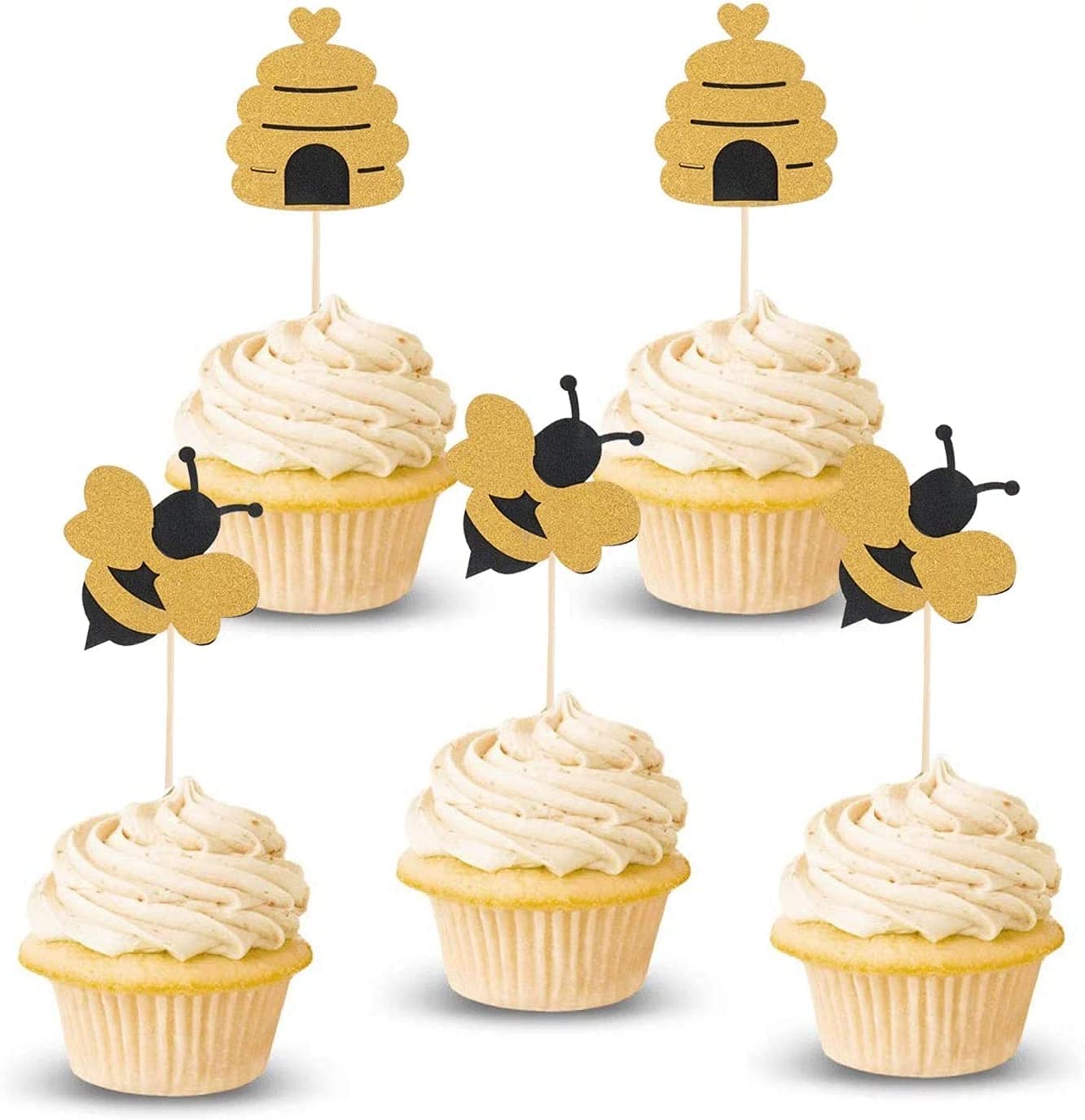 Confetti! 24 Pcs Glitter Bumble Bee Cupcake Toppers for Baby Shower Birthday Honey Bee Party Decor