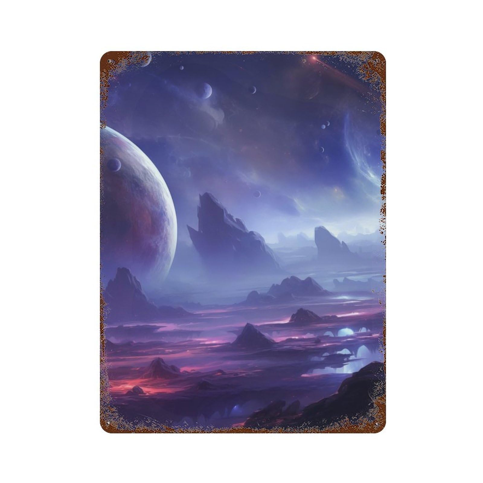 Violet Blue Galaxy Planet Rust Effect Tin Sign 15.7"x11.8", Novelty Wall Decor for Garage, Pub Or Kitchen