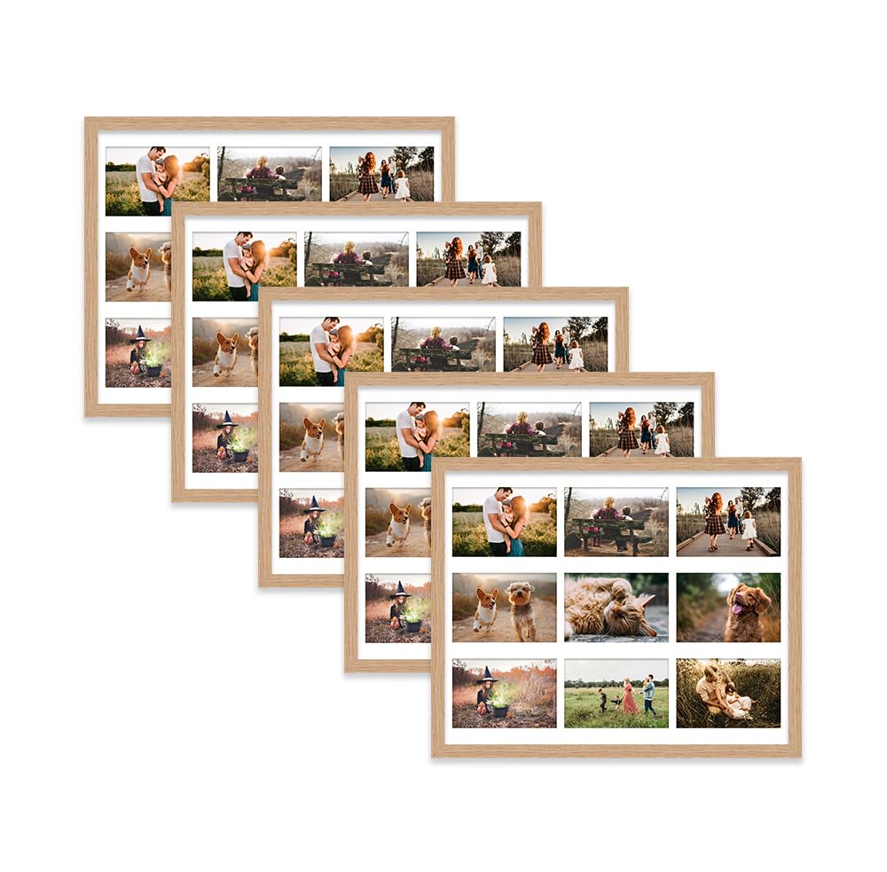 Oak Multi Photo Frame - Holds 9 x 6x4 Pictures, Family Collage Picture Frame for Wall Display, 20x16 Frame size, Set of 5
