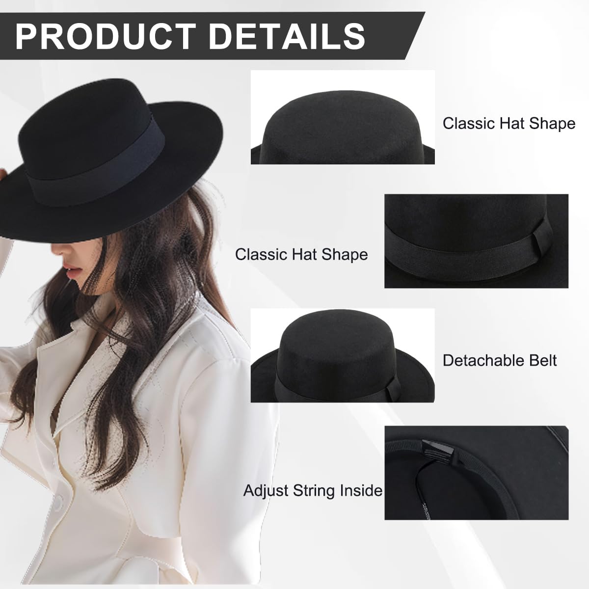 Moda czarna klasyczna mieszanka wełny płaski daszek elegancka czapka Fedora styl panama czapka typu melanż kapelusz z paskiem wstążkowym
