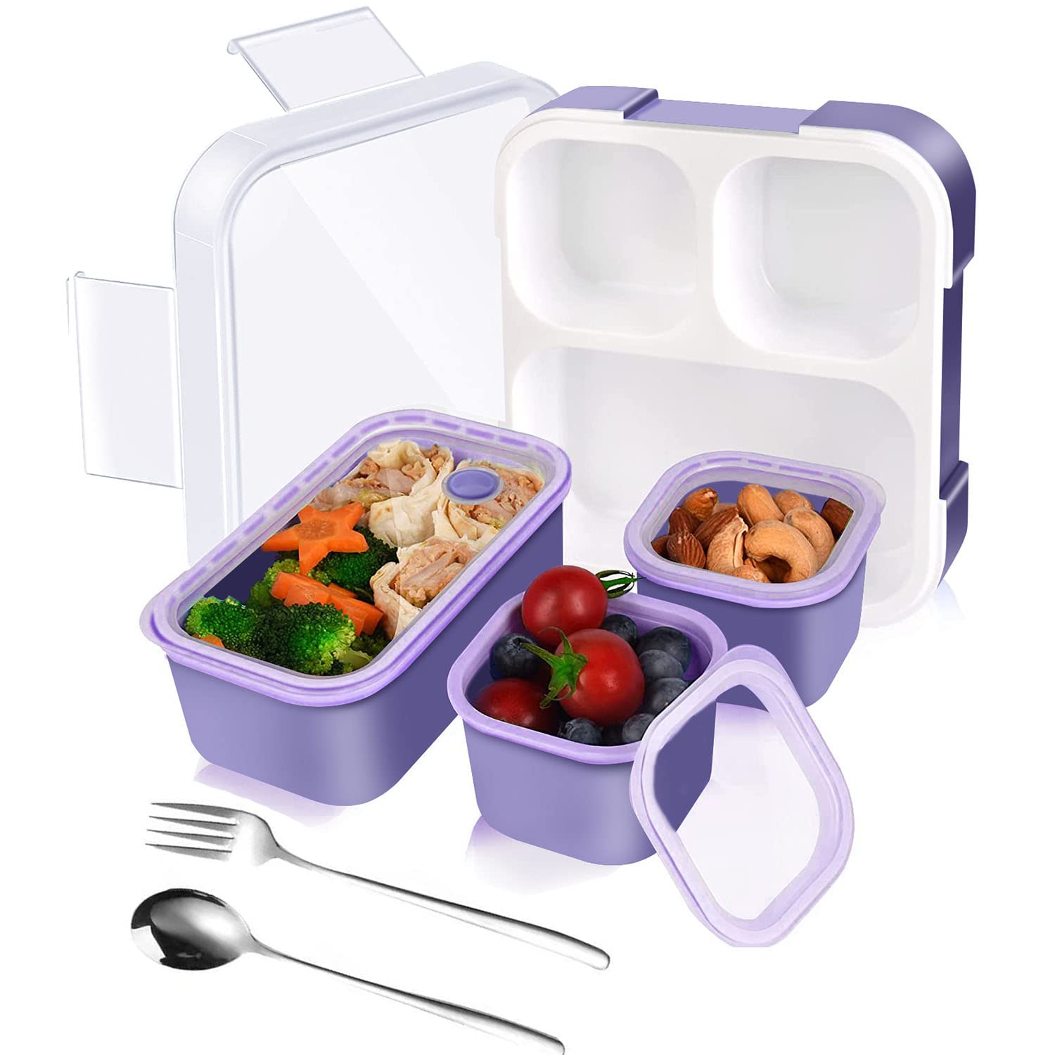 TAPITStainless Steel Lunch Box for Kids Adults Leakproof BPA-Free Bento Box Metal Lunch Containers 3/4-Compartment with Fork Spoon Food Snack Containers for School (Purple, 1260ml plastic)