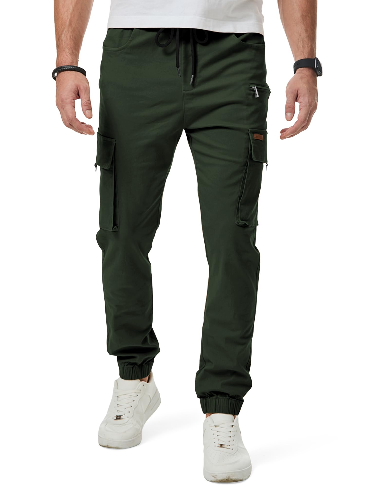 JMIERR Mens Cargo Pants Drawstring Stretch Waist Waist Twill Joggers Trousers with Zipper Pockets