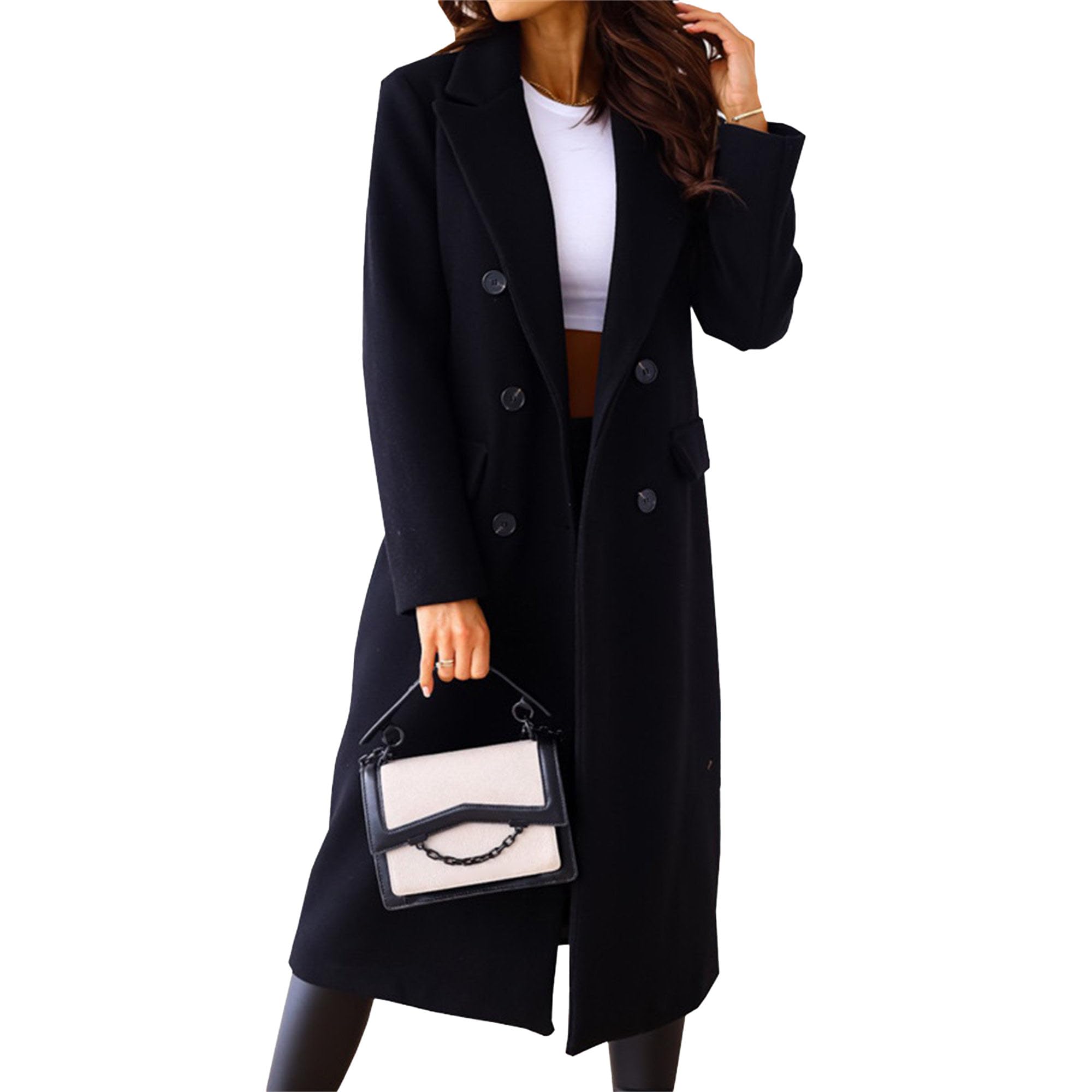 Maiyifu-GJ Wool Blend Coat for Women Notched Collar Double Breasted Trench Coat Fall Winter Elegant Long Jacket Outerwear