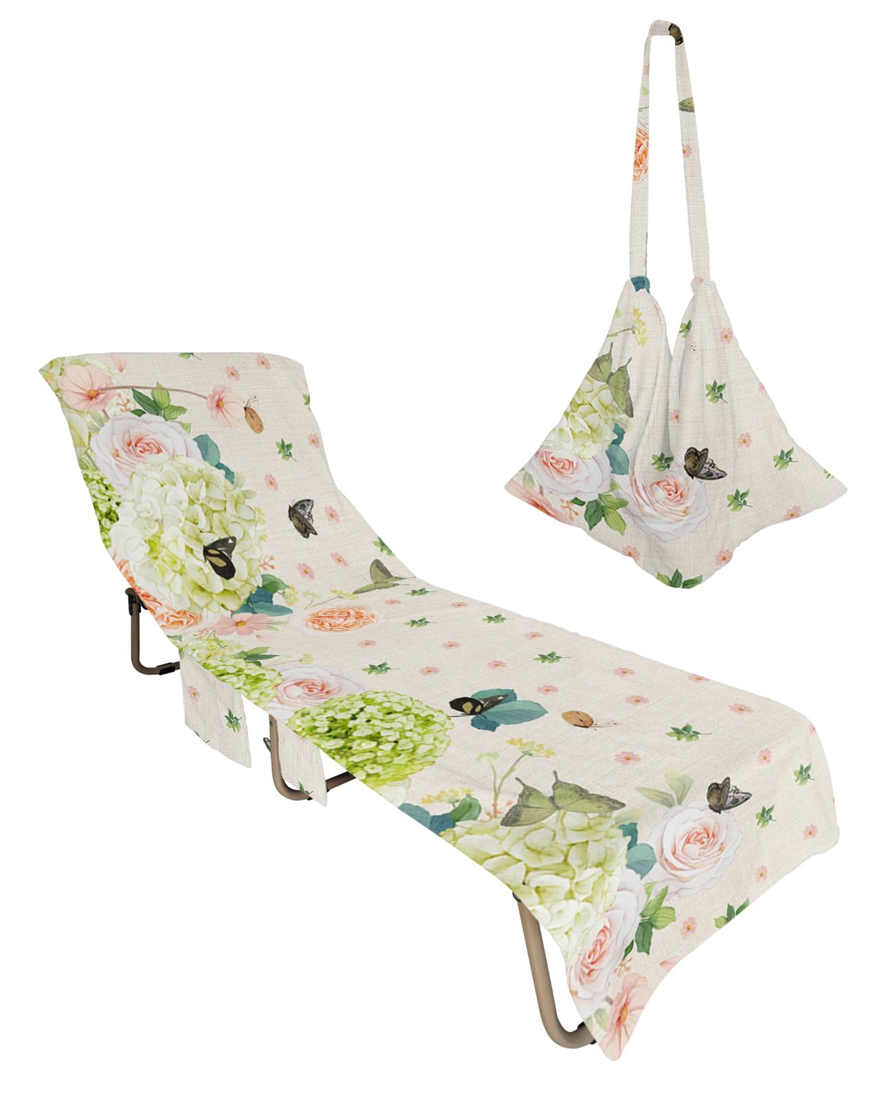 Butter-fly Flowe Beach Chair Towel Covers for Chaise Lounge with Side Pocket, Soft Plush Pool Towels Cover for Patio Sunbathing Outdoor 29''x85'' Farmhouse Botanical Leaves