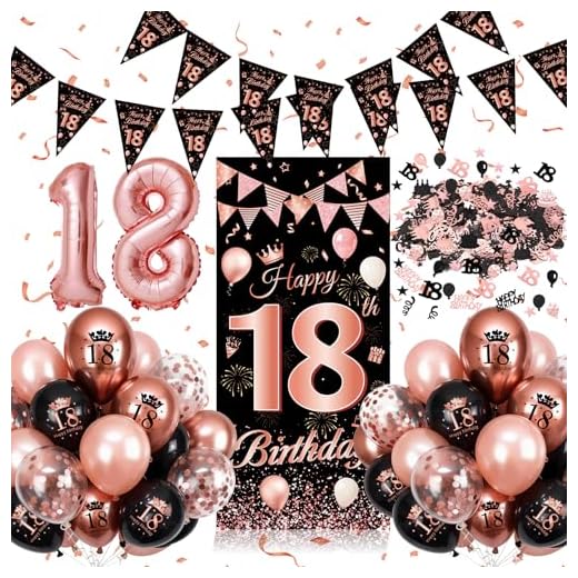 18 Geburtstag Deko, Deko 18. Geburtstag Mädchen, Geburtstagsdeko 18 Mädchen Schwarz Rose Gold mit 18 Langem Banner, Konfetti, Folienballons, 18 Luftballons, Dekoration zum 18. Geburtstagsparty