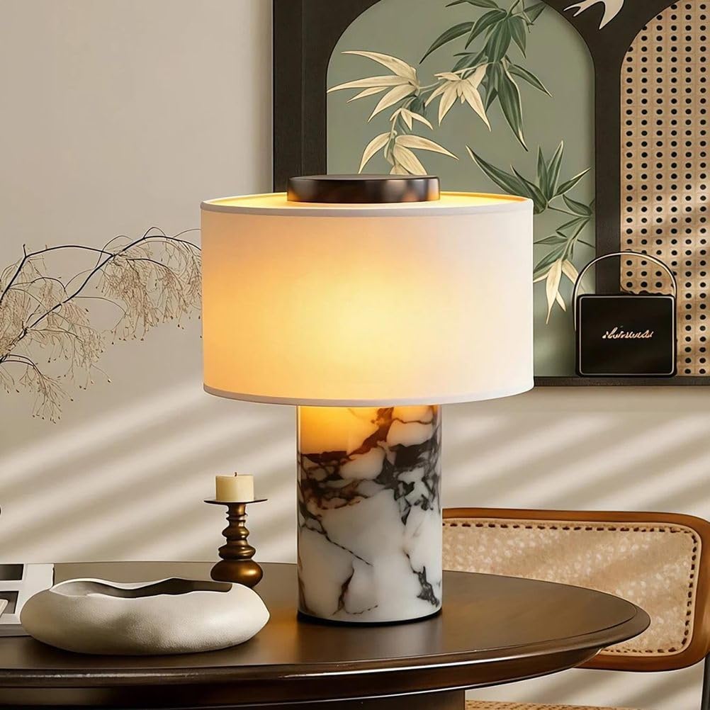 Marble Tischleuchte Luxus Touch Dimmbar Nachttischlampe Akku Tischlampe Kabellos USB-C Aufladbare Stoff Lampenschirm aus Leinen Marble Lamp 3 Farbtemperaturen für Schlafzimmer Restaurant Geschenk
