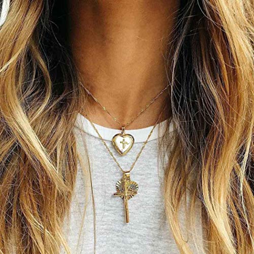 Cagora Heart Layering Pendant Necklace Boho Cross Choker Chain Gold Necklaces Jewelry for Women and Girls