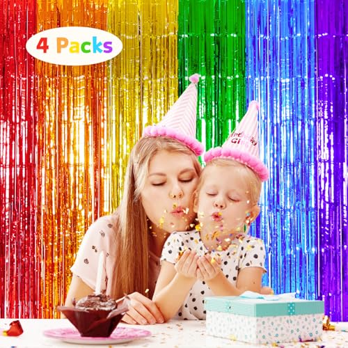 Image of 4 Pack Rainbow Foil Fringe Curtains, 13.2x6.6ft Colorful Tinsel Streamers Backdrop, Photo Backdrop for Birthday, Wedding, Baby Shower, Back to School, Pride Month | Rainbow Streamers Party Decorations
