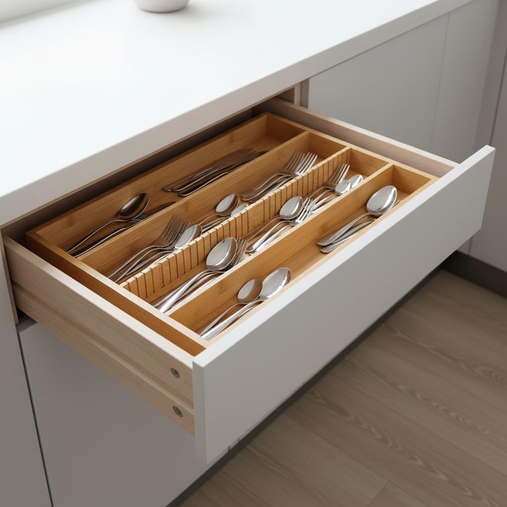 Deconox Bambu Çekmece İçi Düzenleyici (37.5x25x4 cm) | 4 Bölmeli, Hareketli Ayırıcılar | Kaşıklık, Dikiş, Ofis ve Mutfak Organizeri