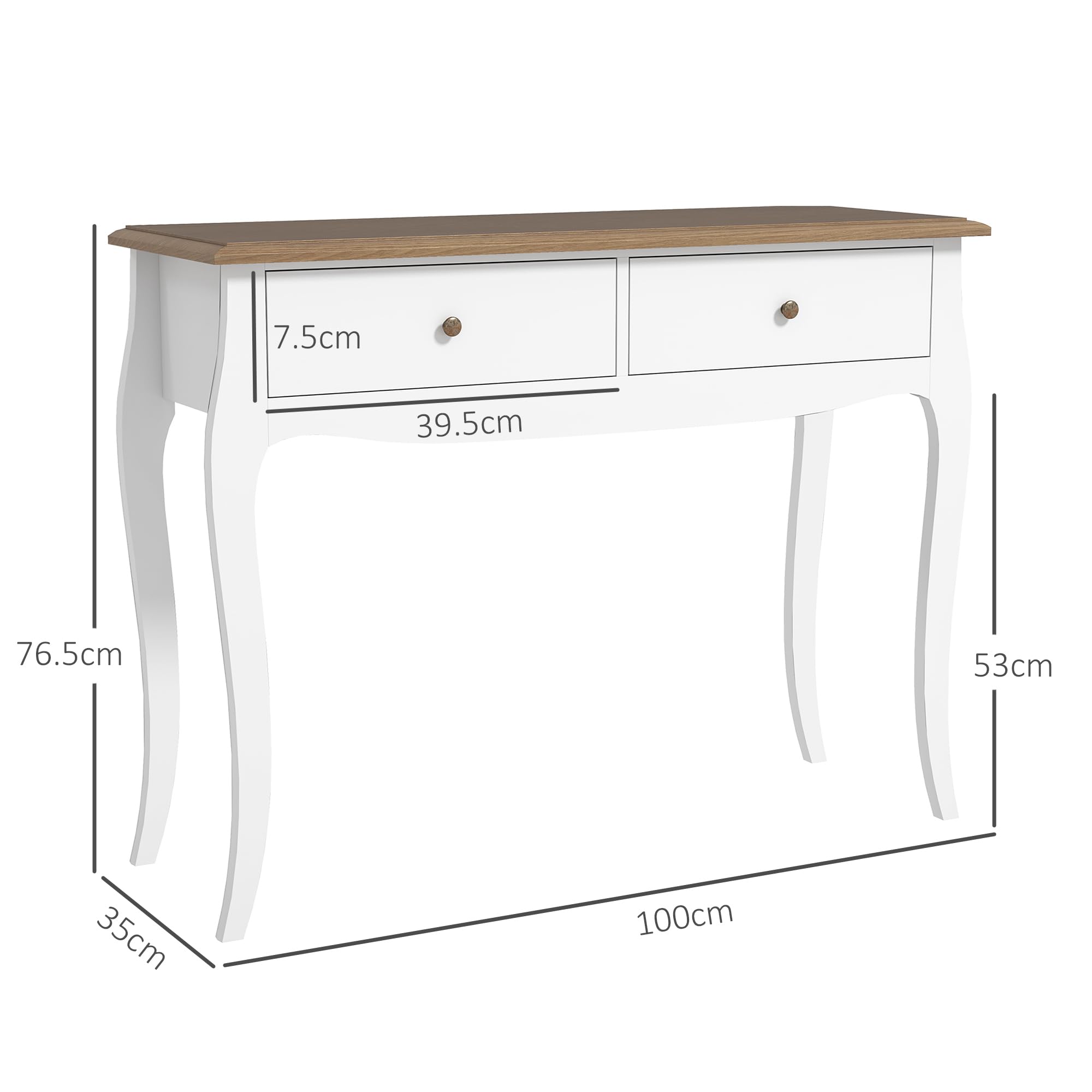 HOMCOM Tavolo Consolle Moderno con 2 Cassetti, Consolle da Ingresso in MDF e Truciolato, 100x35x76.5 cm, Bianco e Marrone Scuro