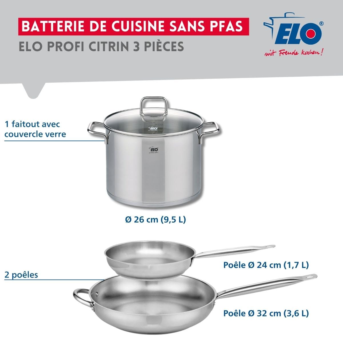 Elo Batterie de cuisine 2 poêles 24/32 cm et 1 faitout 26 cm