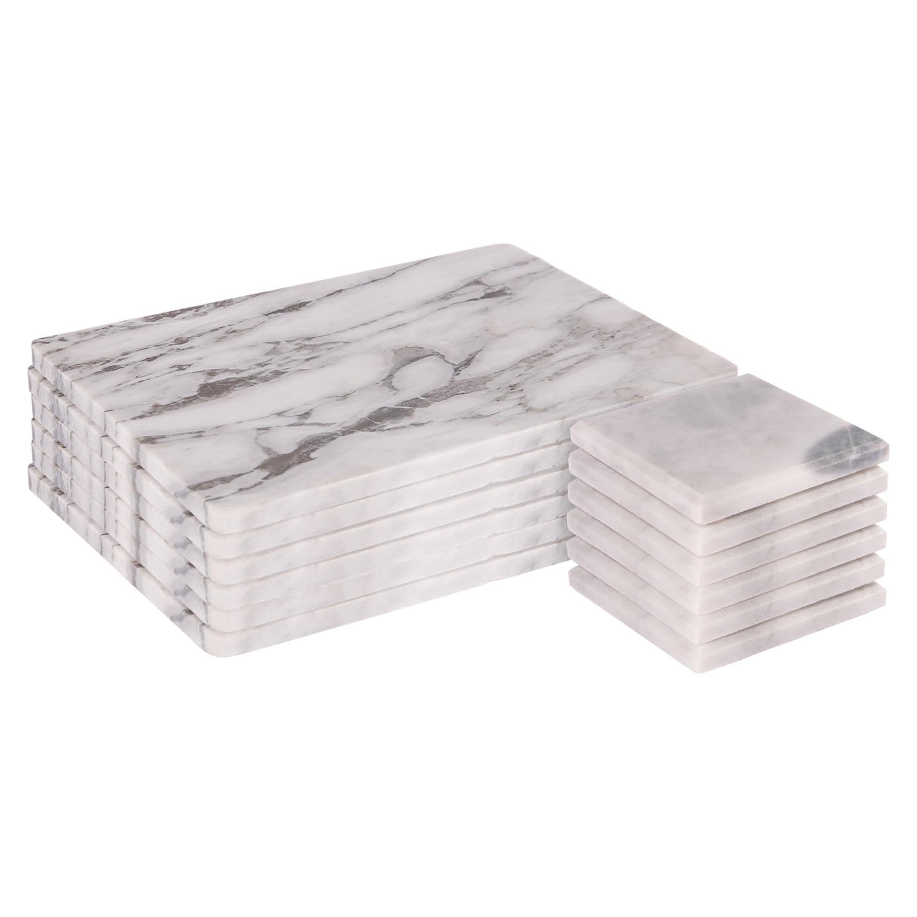 Argon Tableware Marble Placemats & Square Coasters Set - 12pc - White - Kitchen Dining Table Mats Bar Drinks Coaster Protector Place Mats for Home, Restaurant Catering