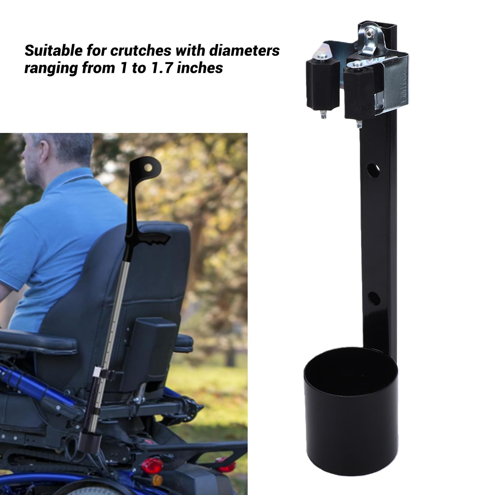 Supporto per Bastoni in Acciaio Inossidabile, per Bastoni e Deambulatori con Diametro da 1 a 1,7 Pollici, con Fessura di Fissaggio e Fori di Drenaggio — Ideale per Scooter