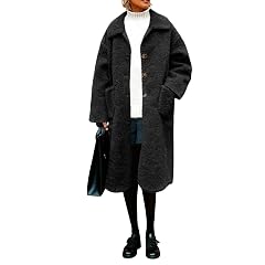 Sherpa Fleece Jacket Women Long - Lapel Collar Button Down Winter Trench Coat Knee Length Wool Pea Coat