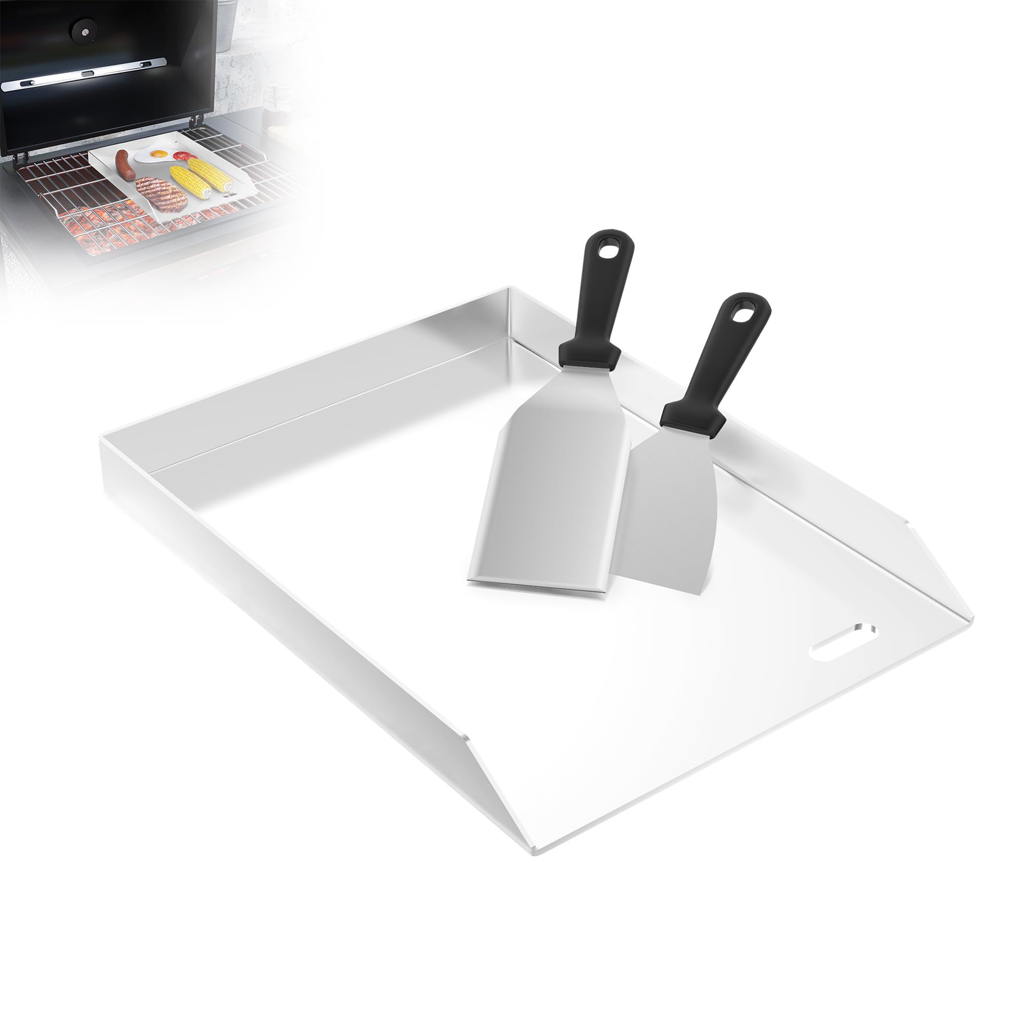 XMTECH Płyta grillowa ze stali nierdzewnej, 30 x 40 x 4 cm, równomierne rozprowadzanie ciepła do grilla gazowego i węglowego – w zestawie 2 x szpachelka do grilla – odporna na rdzę i zarysowania, bez