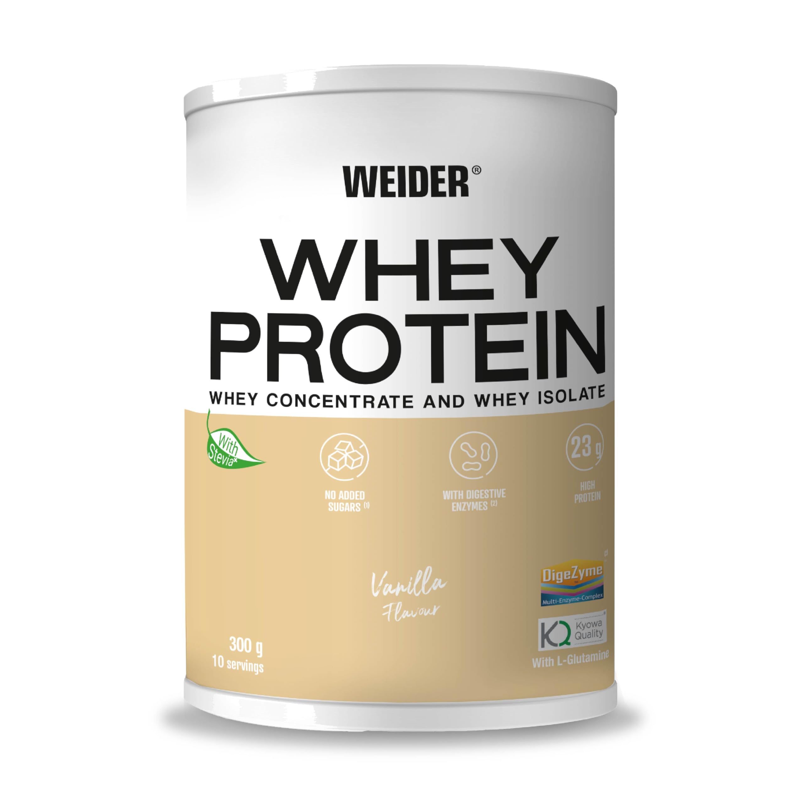 Weider Whey Protein (300g) Vanilla Flavour. Whey Protein from Concentrate and Isolate, 23g/Serving. with Digestive Enzymes, L-Glutamine Kyowa Quality and Stevia. No Added Sugars. 10 Servings