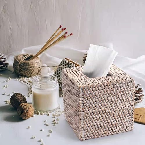 Miniatura 4 de Cubierta cuadrada para caja de pañuelos de ratán, soporte para pañuelos de mimbre tejido a mano, 5.5 x 5.5 x 5.7 pulgadas, blanqueado