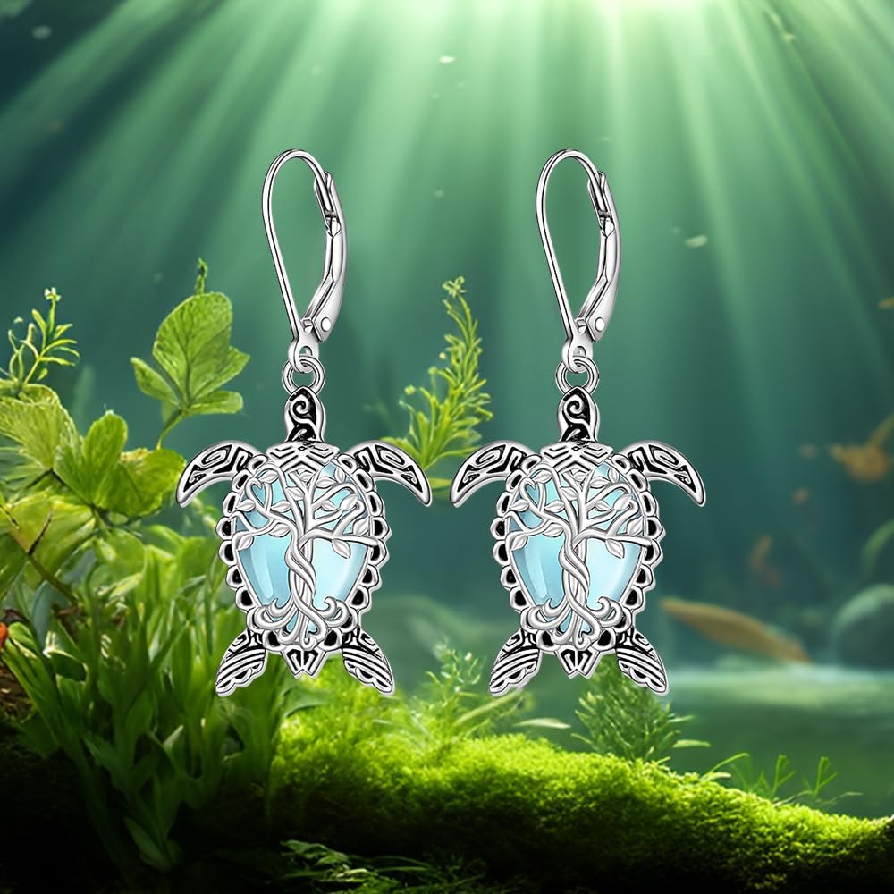 Sea Turtle Earrings for Women Moonstone Tree Of Life Earrings Sterling Silver Dangle Turtles Leverback Hawaii Jewelry Christmas Gifts - Image 9