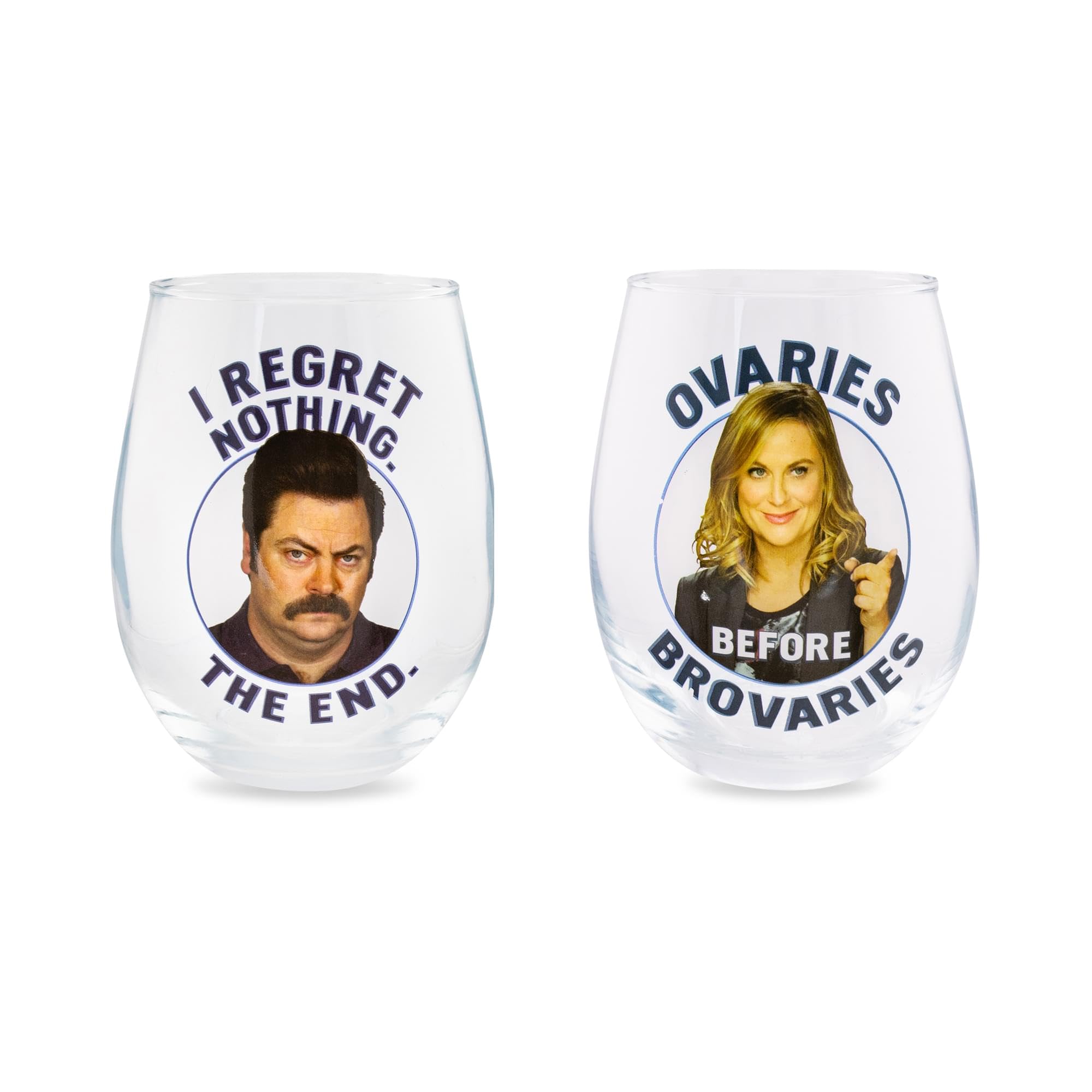 Silver Buffalo Parks and Recreation Ron and Leslie 2pc Stemless Wine Glass Set, 20 Ounces