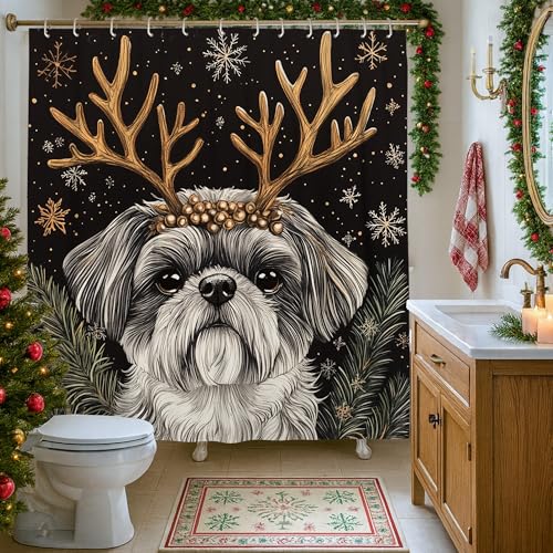 Rideau de douche de Noël Shih Tzu : cadeau idéal déco salle de bain