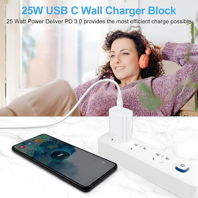 Image of 25W Type C Charger for Samsung Galaxy M55 5G | USB C to C Port Super Fast Charging Adapter for Galaxy Tab S9 Ultra /S9 Fe /S9 plus /S9 /A9 /A9 Plus /S8, 25 w Quick Mobile Phone Adaptor USB-C Device, White
