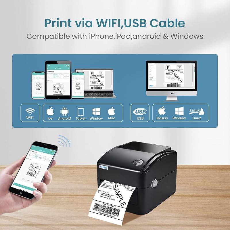 vretti WiFi Hőpapíros Címkenyomtató - Vezeték Nélküli GLS Csomagcímke Nyomtató DPD UPS FedEx Amazon Kompatibilitással, 4x6" Méretű Címkékhez