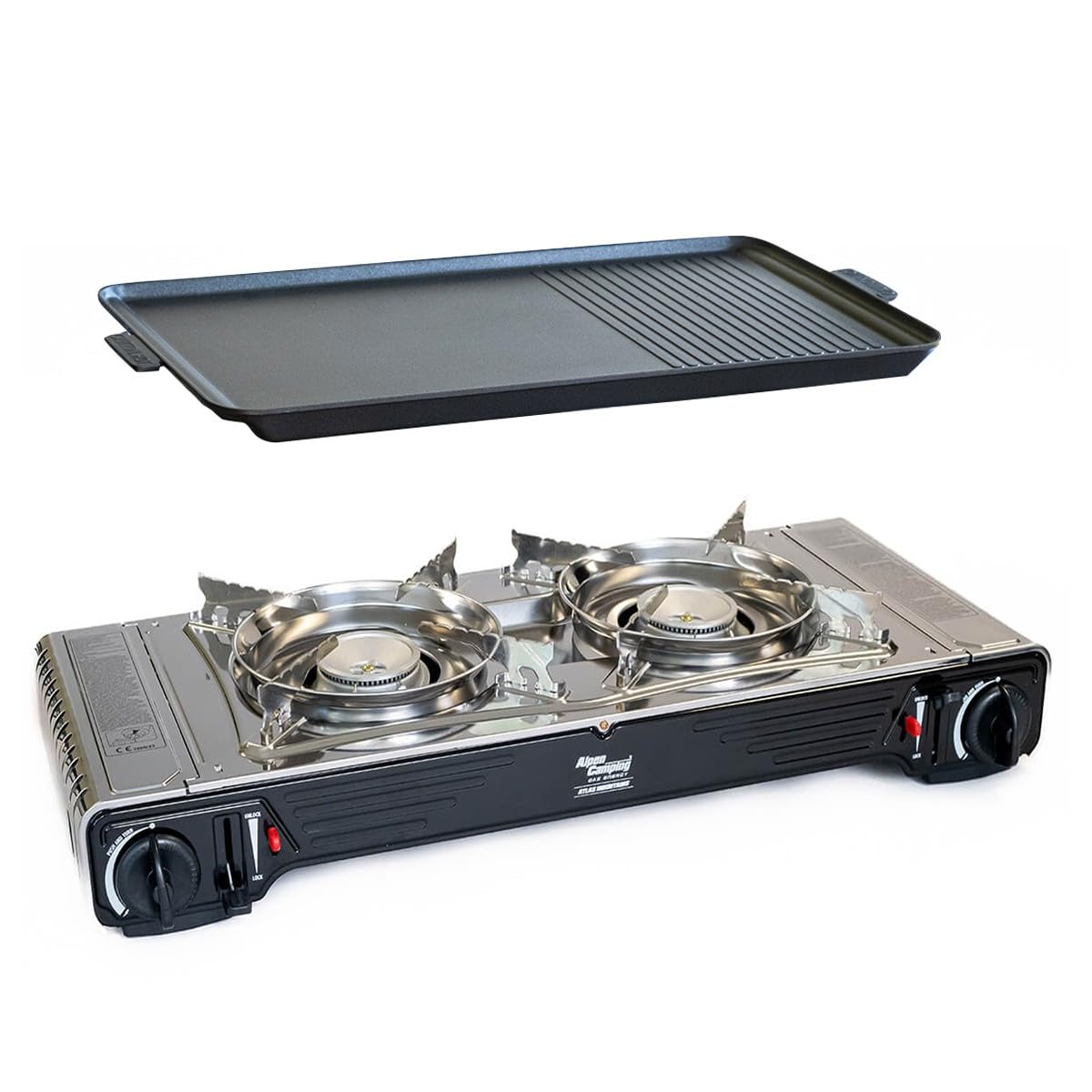 Alpen Camping – Grillplatte 53 x 28 cm für Gaskocher, 2 Flammen, glatte und geriffelte Oberfläche, Kochplatte, Aluminium