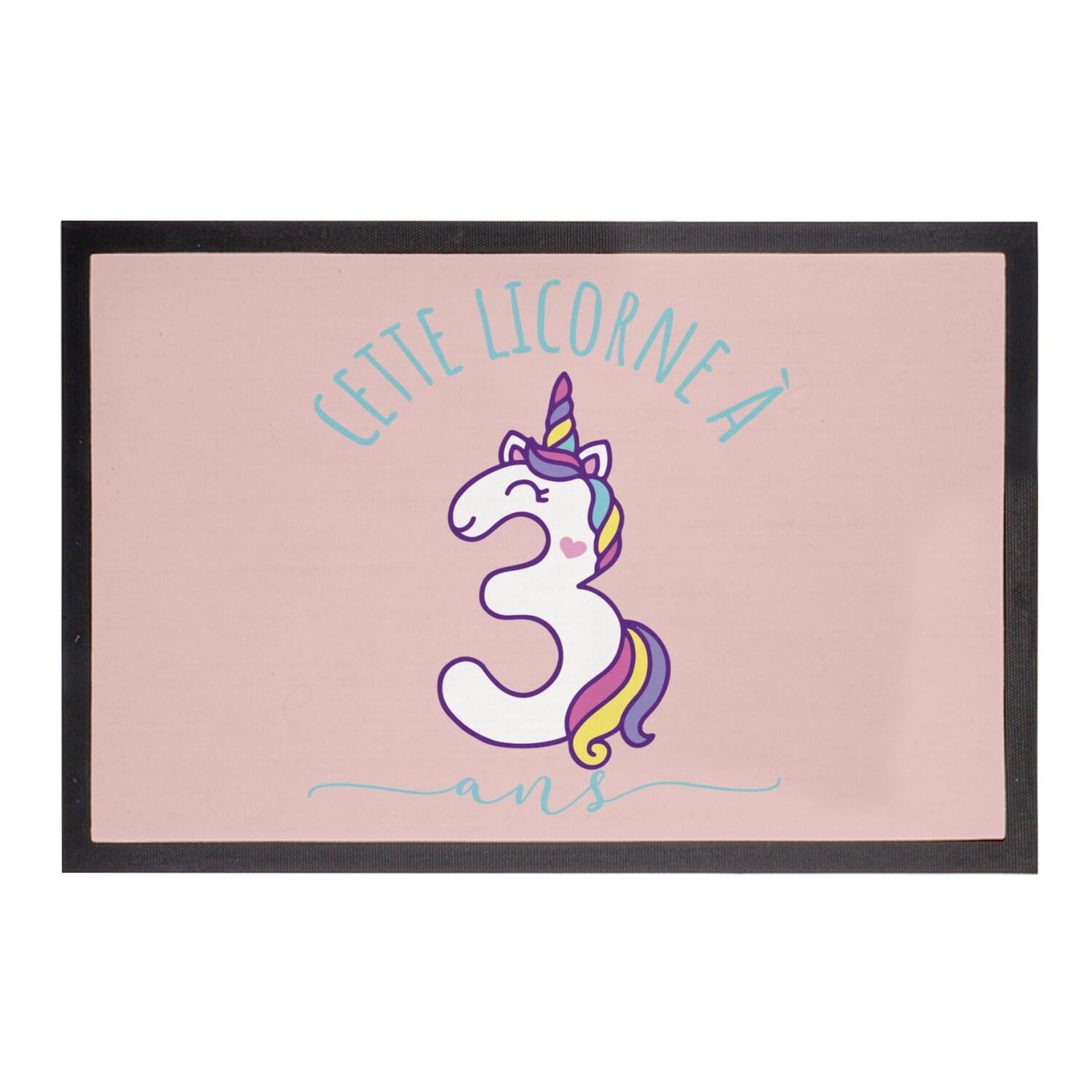 Paillasson rose licorne 3 ans pour célébrer la magie de son enfance 60x40cm