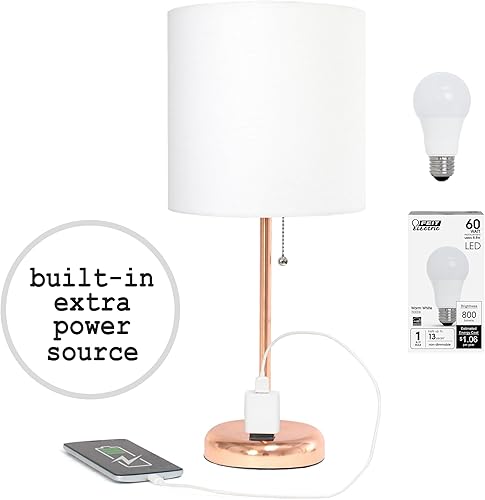 Simple Designs LT2024-RGD-LB Lámpara de escritorio de 19.5 pulgadas de oro rosa con toma de carga y pantalla de tela de tambor para sala de estar,