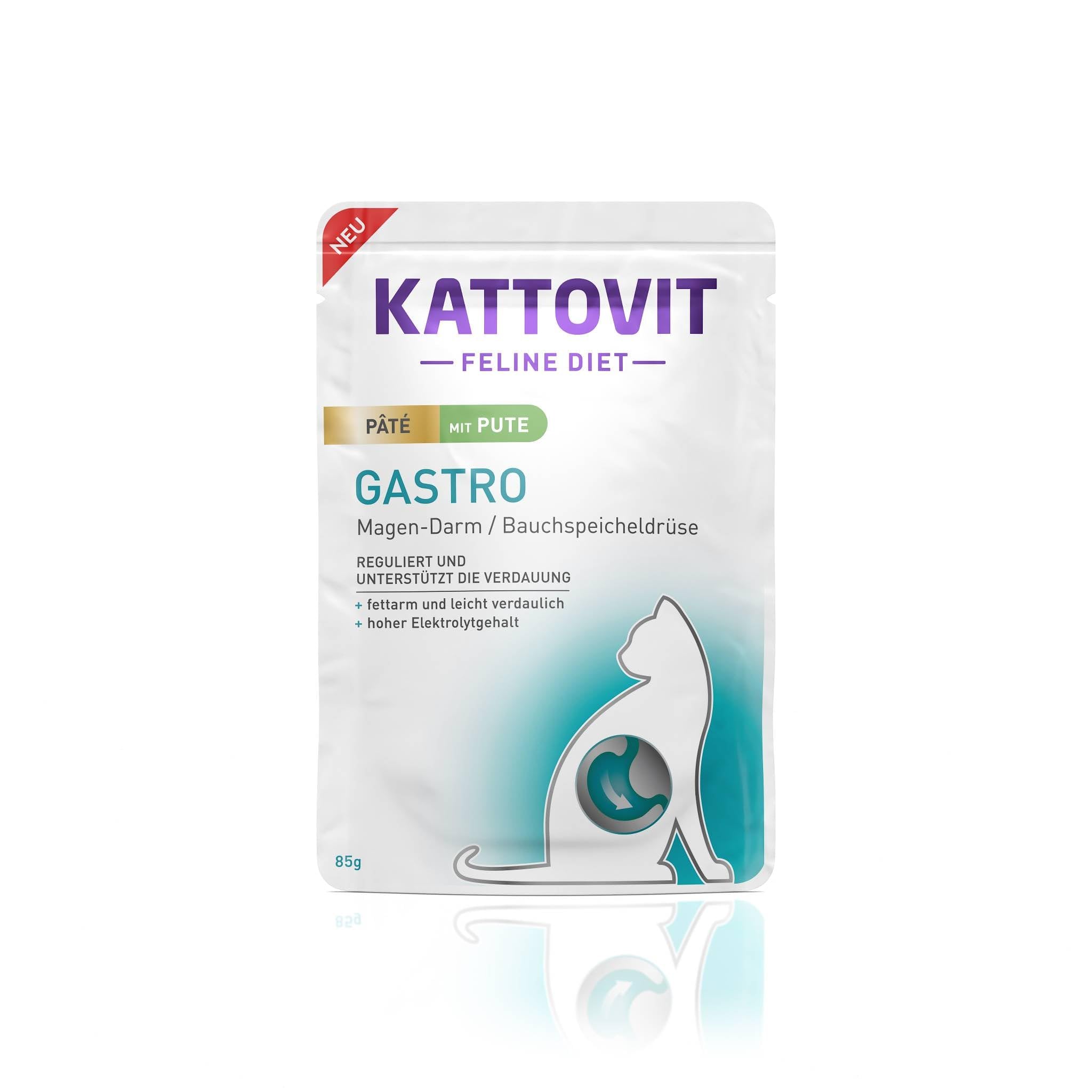 Kattovit - Gastro mokra karma dla kotów | mokra karma dla kotów wspomagająca układ żołądkowo-jelitowy | dietetyczna mieszanka paszowa w woreczku dla dorosłych kotów | 10 x 85 g Paté indyk