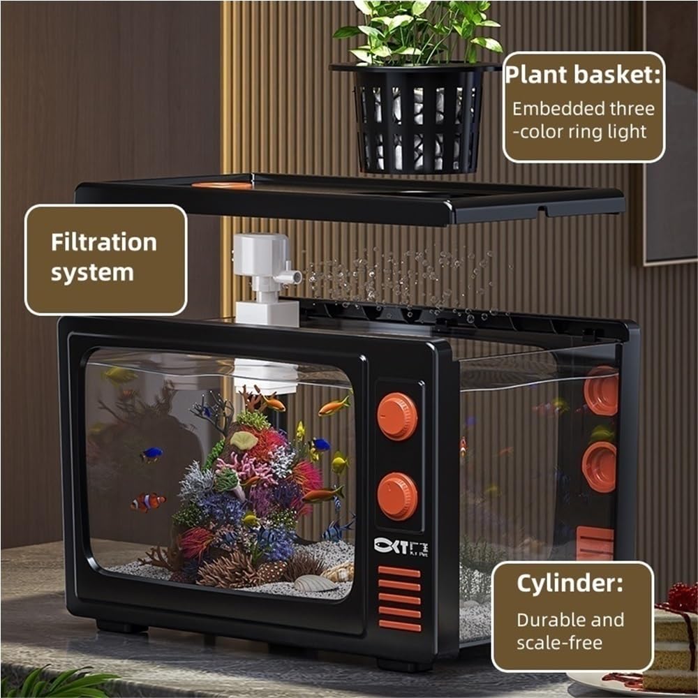 Acquario da tavolo da 3 galloni, acquario TV retrò, acquario per pesci con filtro multifunzione, acquario per pesci ad alta trasparenza realizzato in materiali AS (nero, 18,3 x 19,6 x 30,5 cm)