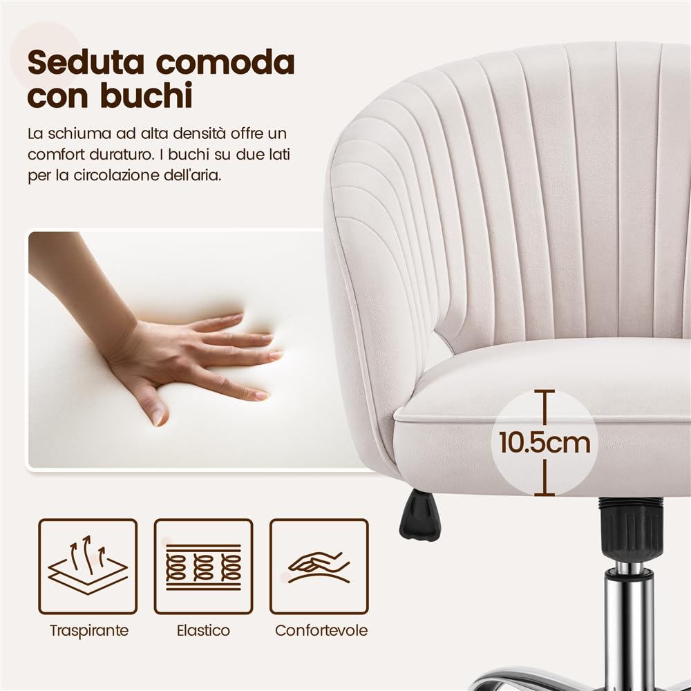 Yaheetech Poltroncina/Sedia da Ufficio Scrivania Ergonomica in Velluto Imbottita a Rotelle Girevole Reclinabile Altezza Regolabile Crema