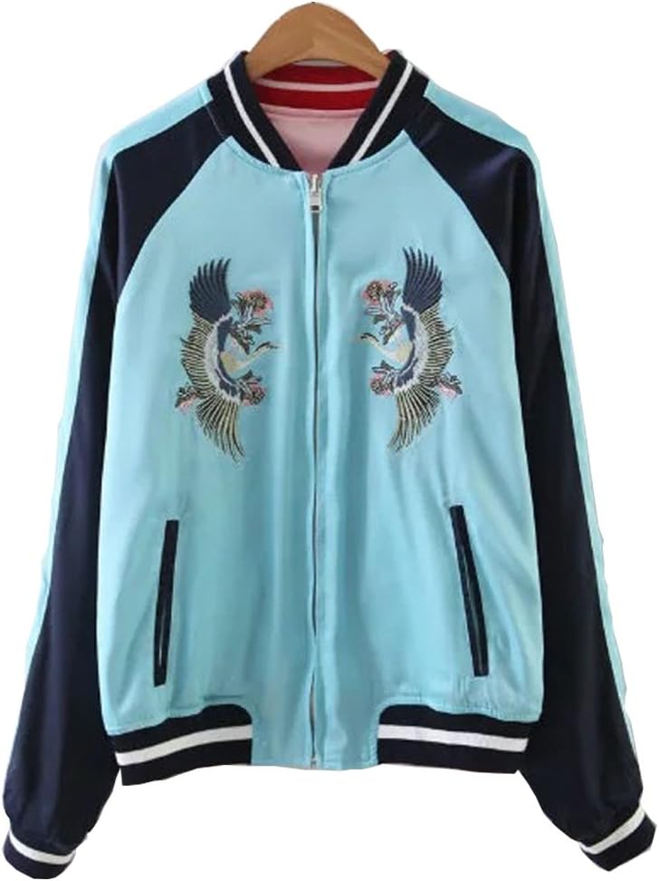 Women's Reversible Crane Tiger Fujiyama Embroidery Bomber Jacket Japanese Style Pink Blue - Image 5