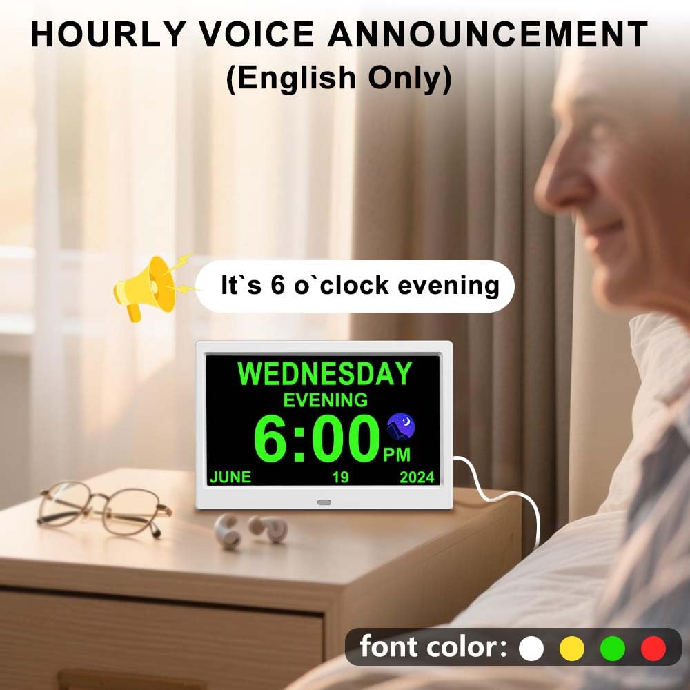 CAZOKASI Reloj digital con fecha y día de la semana para ancianos, 15 alarmas, recordatorio de medicamentos, demencia, Alzheimer, calendario con pantalla extragrande (blanco, 10.1 pulgadas)