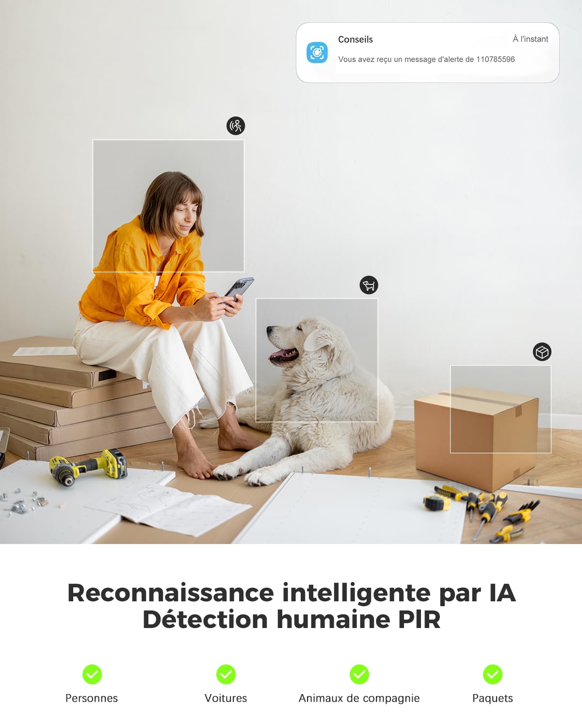 COCOCAM 2K Camera Surveillance WiFi Interieur sans Fil Pan/Tilt à Batterie 5200mAh, pour de Bébé/Animaux/Sécurité Domestique, Reconnaissance IA, Détection Humaine PIR, Wi-FI 2,4G (1, Blanc)