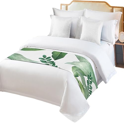 Miniatura 2 de Camino de cama tamaño Queen, diseño de plantas tropicales, hojas de plátano verde, estilo nórdico, bufandas decorativas, hojas de acuarela sobre