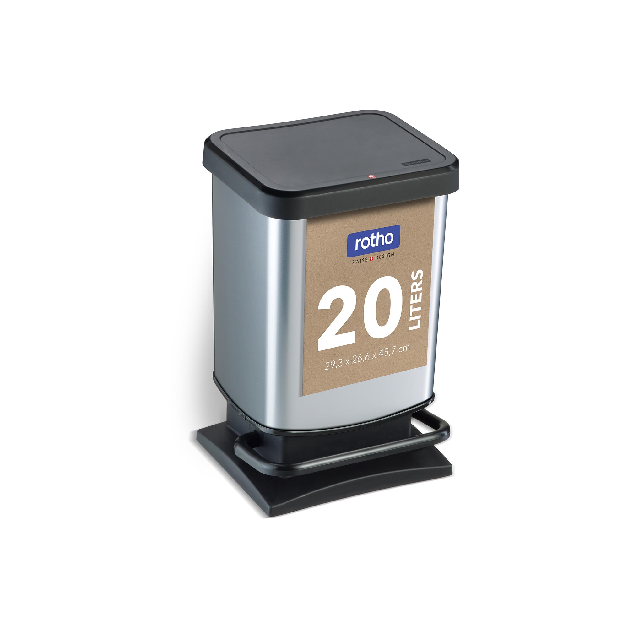 Rotho Paso Mülleimer Küche Papierkorb 20 L Soft-Close mit Pedal Silber