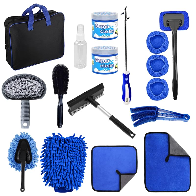 17Pcs Car Detailing Brush Set Car Detailing Kit with Bag Microfibre Washing Mitts Exterior Drying Towel Alloy Wheel Brush Detailing Brushes Car Wash Brush kit for Interior Exterior Wheels