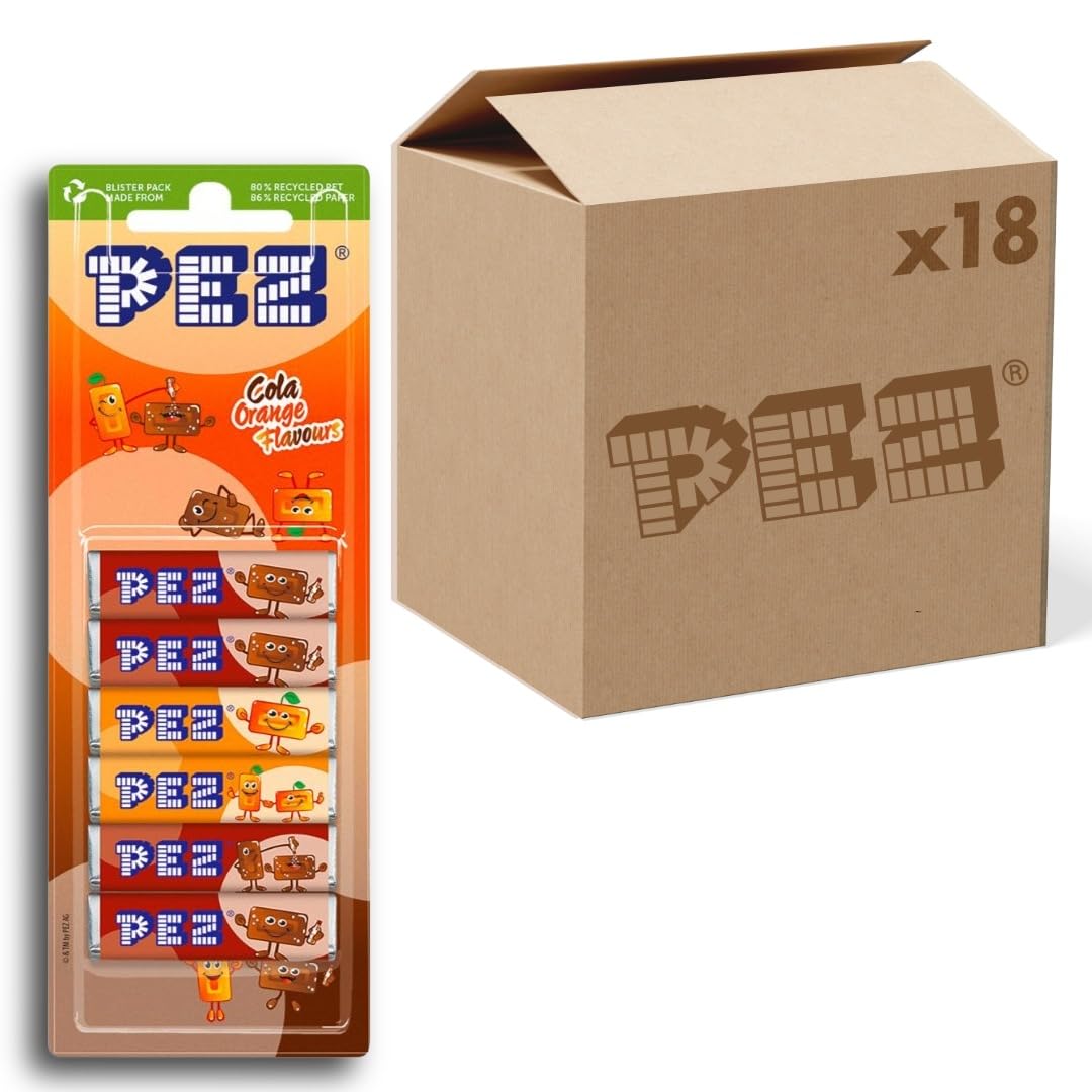 PEZ Dispenser Refill, Cola & Orange, Fruity Flavour Pressed Candies, 6 x 8.5 g (Pack of 18)