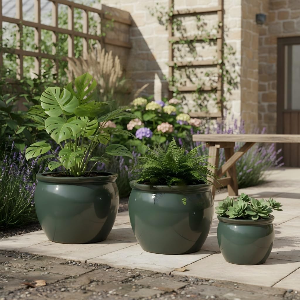 Handmade Glazed Ceramic Planter Set of 3, 15/12/9 Inch Flower Pots with Drainage Holes, Large Outdoor & Indoor Plant Pots for Succulents, Herbs, Patio, Garden, Balcony, Staircase, Blue Green