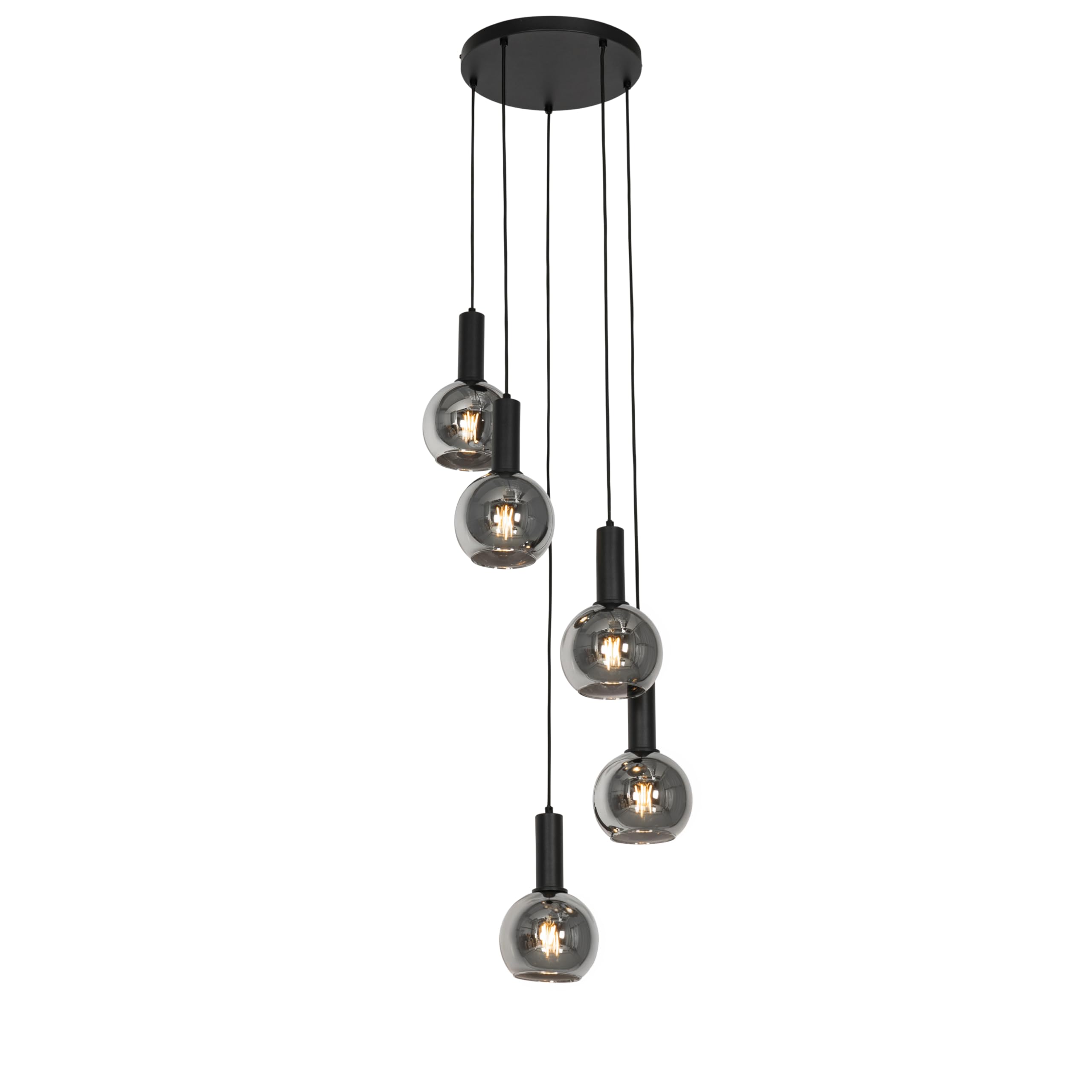 Qazqa Art Deco Pendelleuchte, Pendellampe - Josje - Schwarz mit Rauchglas, Rund, 5-flammig,