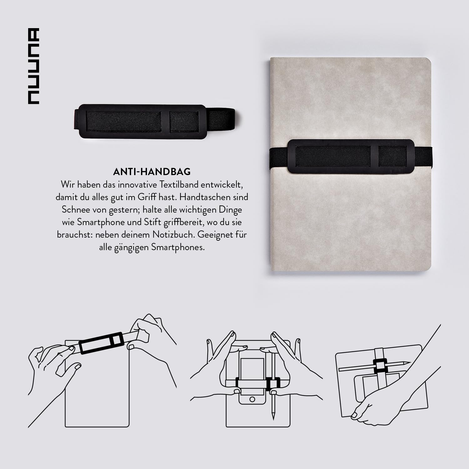 nuuna Voyager L - Taccuino A5+, a pois, 3,5 mm, 256 pagine numerate, carta premium da 120 g, materiale vegano, con supporto per penna e smartphone, prodotto in Germania