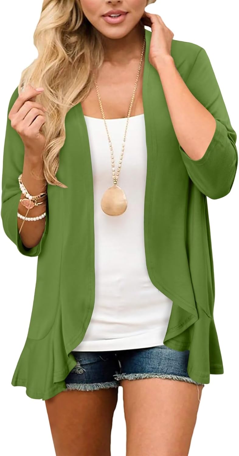 Magritta Womens Casual Open Front Cardigans Lightweight Soft Draped Ruffles 3/4 Sleeve Cardigan