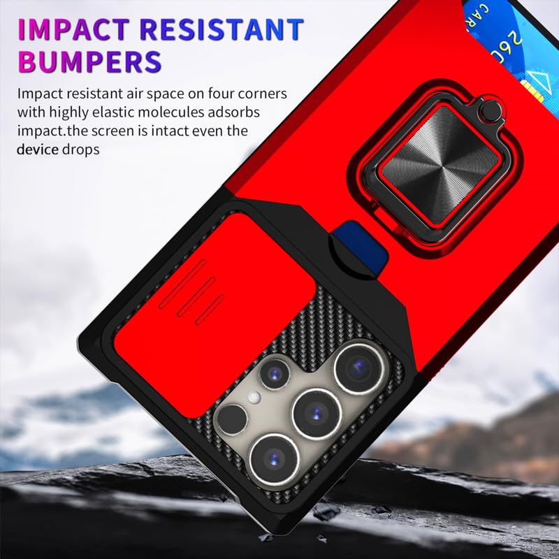 Image of LuxuryKase Shockproof Armor Case for Samsung Galaxy S24 Ultra | Slide Camera Cover | Hidden Card Slot | Rotating Ring Kickstand | Magnetic Car Mount Support | Military Grade Protection - Red